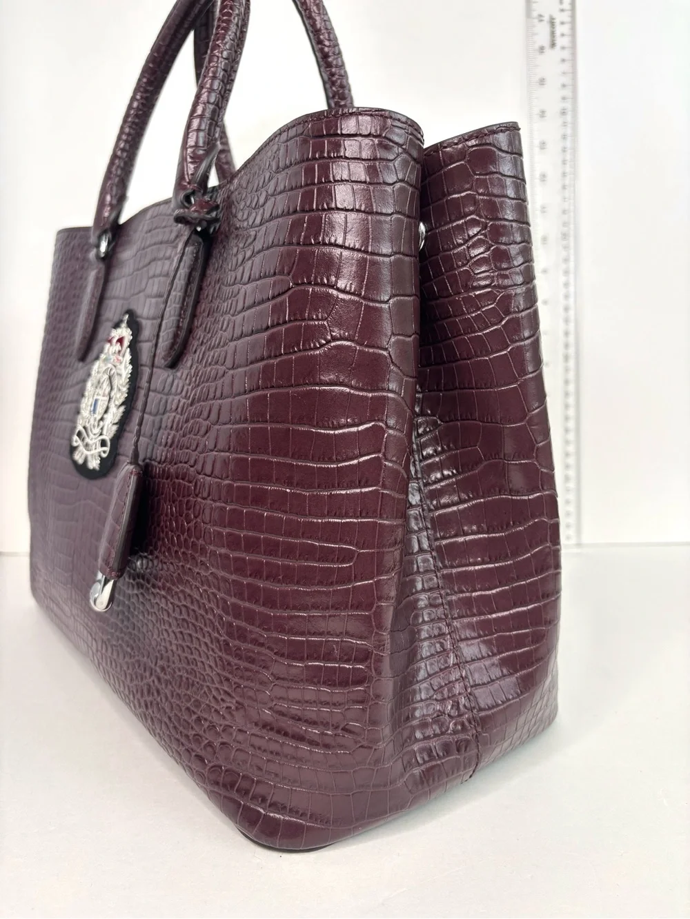 Ralph‎ Lauren Bullion Large Marcy Satchel Croc-Embossed Mahogany Leather Bag